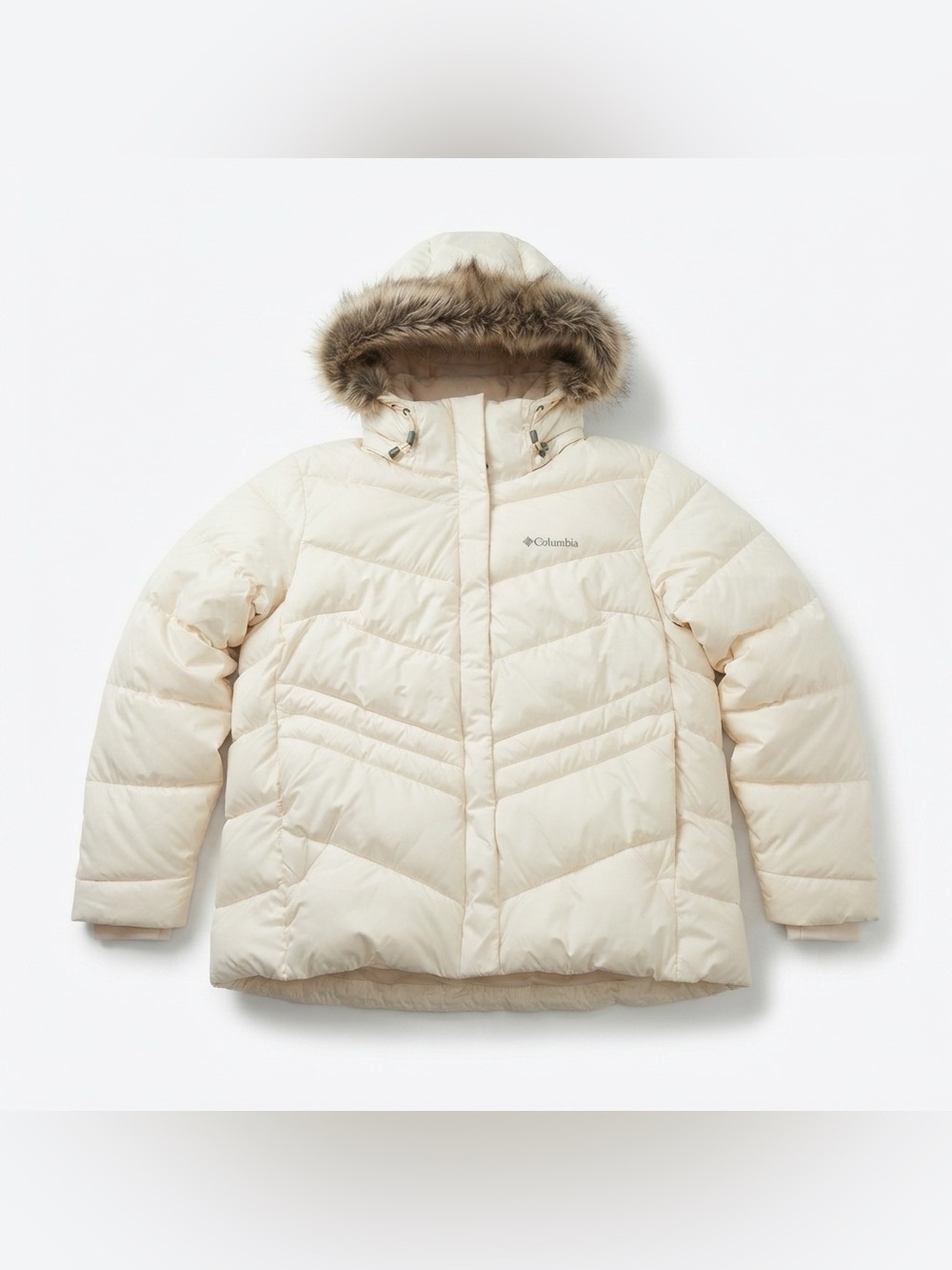 Columbia Women's Cream/Off-White Faux Fur Hooded Puffer Jacket, Size XL